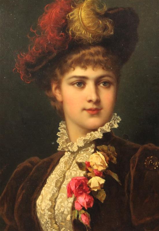 Circle of Ernst Berger (1857-1919) Portraits of elegant young ladies, 21.5 x 15.5in.